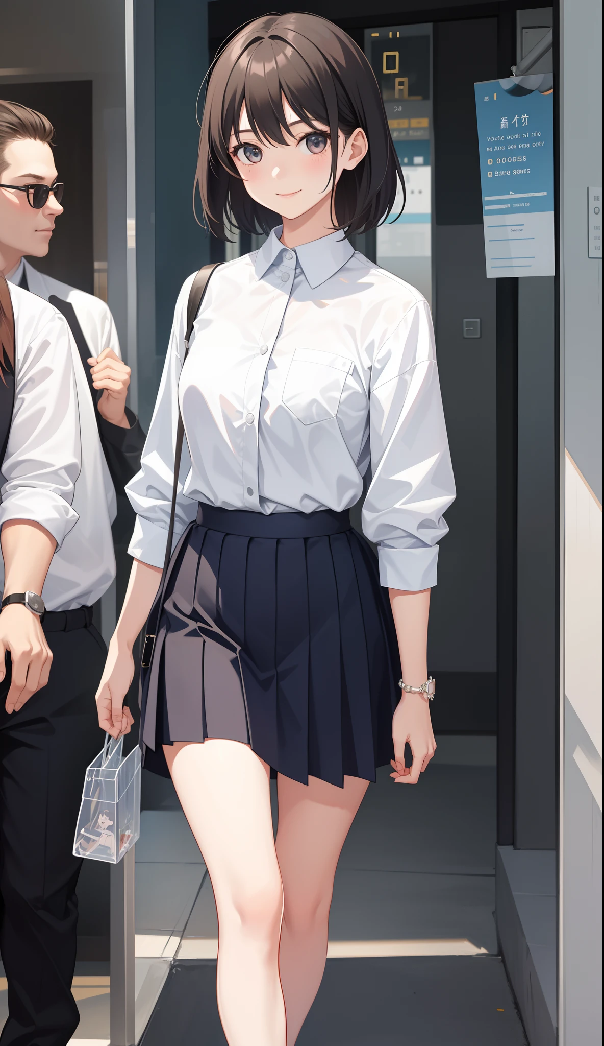 Anime girl in a short skirt walking down a hallway - SeaArt AI