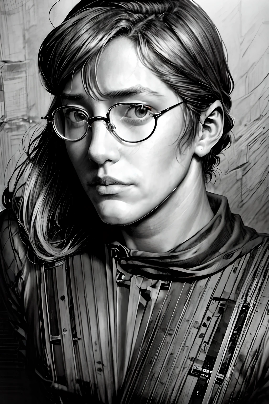 Portrait of a Hyperrealistic Woman by David Hockney and Alphonse Mucha, photorrealistic, dynamic lighting, Art Station, posters, Volumetric lighting, high-detailed face, 4K, awardwinning, 1woman, darkeness, deep-shadows, inconspicuous, portraite, (((((medic: 1.4)))), short-hair, blackquality hair, glasses