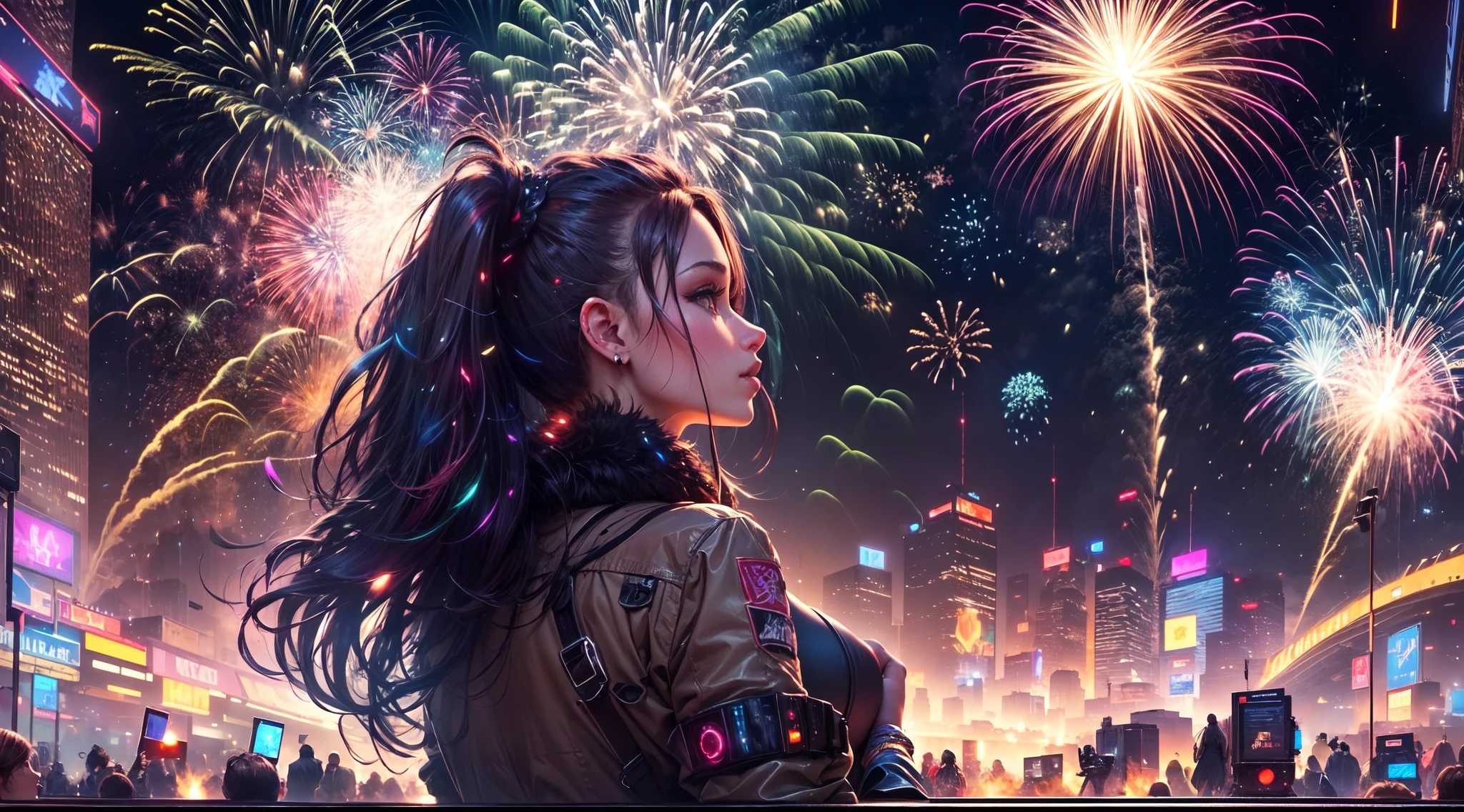 Vue d&#39;en bas, Feux d&#39;artifice sur une ville cyberpunk,(brillant et pétillant:1.1), De magnifiques explosions, (Spectaculaire et fascinant:1.2), Illumine les ténèbres, (Des couleurs brillantes et éclatantes), (Crépitements et éclats), (Charmant et époustouflant:1.1) Affichage lumineux, (éblouissant，Des cheveux éclatants) motifs, (Charmant et magique), (Explosivité et vitalité), (Célébrez et réjouissez-vous).