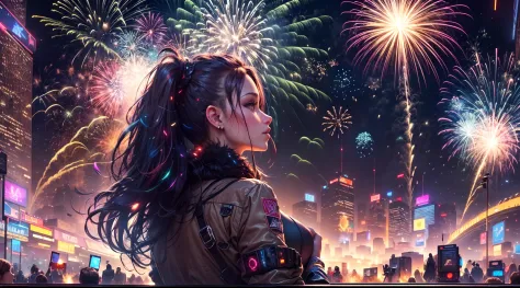 View from below, Fireworks over a cyberpunk city,(Bright and sparkling:1.1), Gorgeous explosions, (Spectacular and fascinating:1...