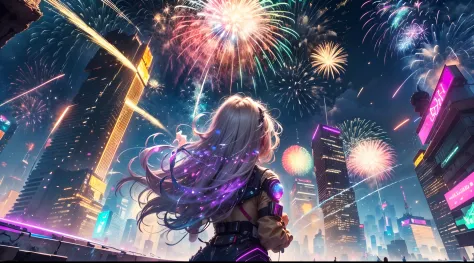 view from below, fireworks over a cyberpunk city,(bright and sparkling:1.1), gorgeous explosions, (spectacular and fascinating:1...