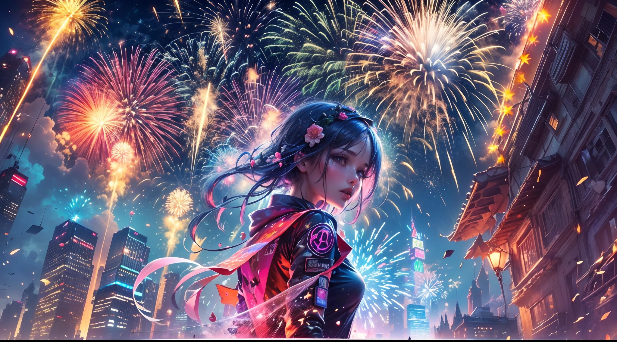 vista de baixo, Fogos de artifício sobre uma cidade cyberpunk,(brilhante e cintilante:1.1), Explosões lindas, (Espetacular e fascinante:1.2), Ilumine a escuridão, (Cores brilhantes e vibrantes), (Estalando e estourando), (Charmoso e de tirar o fôlego:1.1) Exibição de luz, (deslumbrante，Radiant hair) padrões, (Charmoso e mágico), (Explosividade e vitalidade), (Comemore e alegre-se).