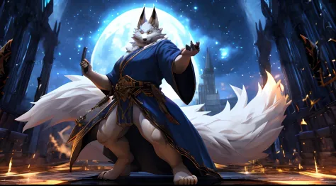 Dark Souls inspired 3d rendered boss fight scene, Giant fat golden furred anthropomorphic kitsune with navy blue robes, a big be...