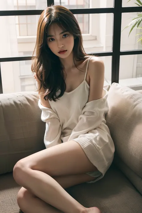 1girl in,Sitting on a cozy sofa,cross one's legs,Soft light、bangss