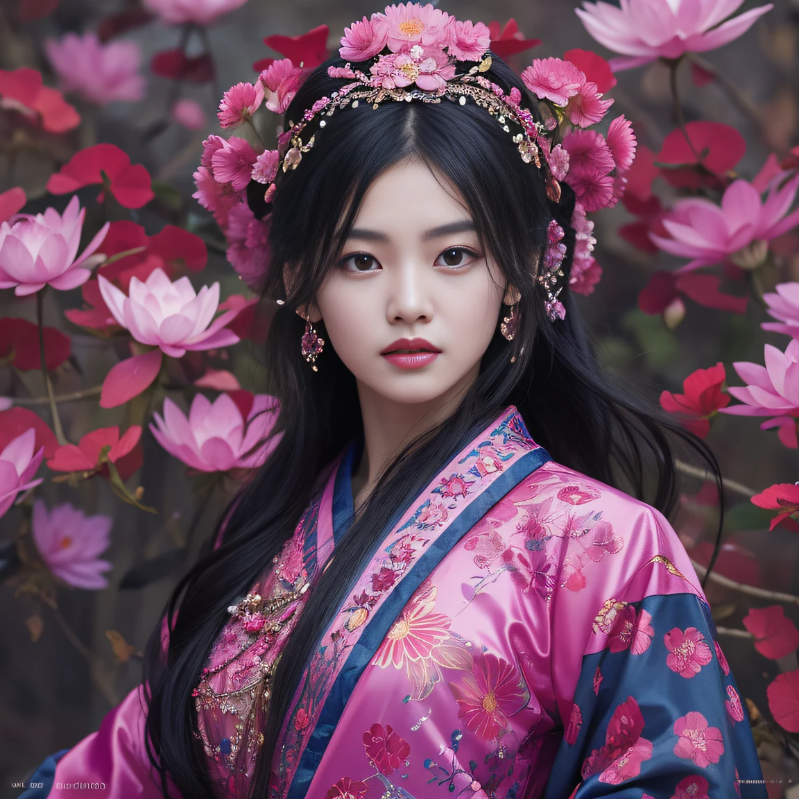 32K（tmasterpiece，k hd，hyper HD，32K）Long flowing black hair，ponds，zydink， a color， Aozhou people （Concubine girl）， （Purple silk scarf）， Combat posture， looking at the ground， long whitr hair， Floating hair， Carp pattern headdress， Chinese long-sleeved clothing， （Abstract gouache splash：1.2）， Pink petal background，Pink and white lotus flowers fly（realisticlying：1.4），Black color hair，Fallen leaves flutter，The background is pure， A high resolution， the detail， RAW photogr， Sharp Re， Nikon D850 Film Stock Photo by Jefferies Lee 4 Kodak Portra 400 Camera F1.6 shots, Rich colors, ultra-realistic vivid textures, Dramatic lighting, Unreal Engine Art Station Trend, cinestir 800，Long flowing black hair，Denim skirt