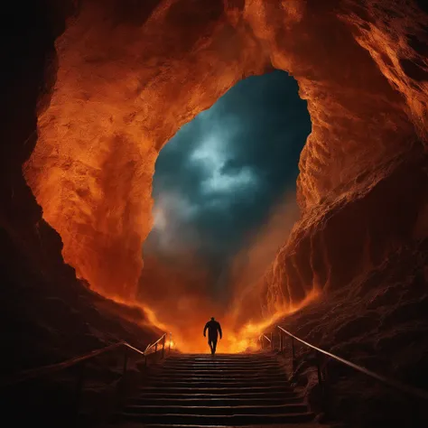 A man walks up the stairs in a cave, stairs from hell to heaven ...