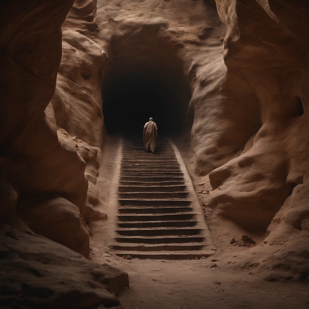 A man walks up the stairs in a cave, stairs from hell to heaven ...