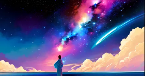 a close up of a person standing in a space with a spiral, swirling water cosmos, dreamy psychedelic anime, birth of the universe, water is made of stardust, anime art nouveau cosmic display, vast cosmos, endless cosmos in the background, swirling scene, fl...