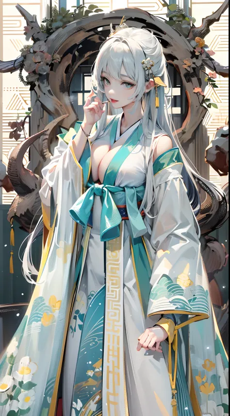 Little devil，Dragon's horn，deer antlers，Stick out your tongue，Realistic effect，Female pervert，White-haired girl，Messy hair，Ancient wind，cyan colors，cyan colors，Cyan Hanfu(Delicate and mysterious antique patterns)，high-heels，The expression after the climax，...