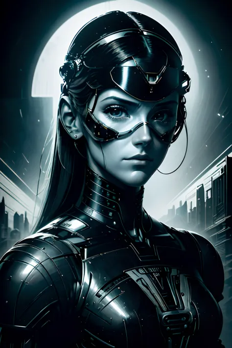 face feminina, female, A rugged young engineer with cybernetic enhancements,  intrincado, elegante, altamente detalhado, pintura...