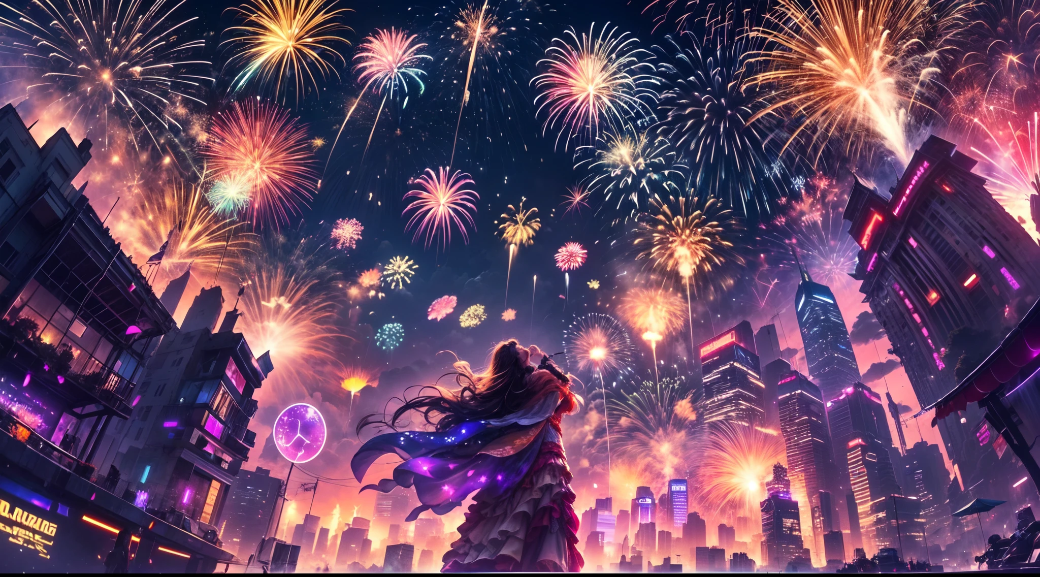 vista de baixo, Fogos de artifício sobre uma cidade cyberpunk,(brilhante e cintilante:1.1), Explosões lindas, (Espetacular e fascinante:1.2), Ilumine a escuridão, (Cores brilhantes e vibrantes), (Estalando e estourando), (Charmoso e de tirar o fôlego:1.1) Exibição de luz, (deslumbrante，Radiant hair) padrões, (Charmoso e mágico), (Explosividade e vitalidade), (Comemore e alegre-se).