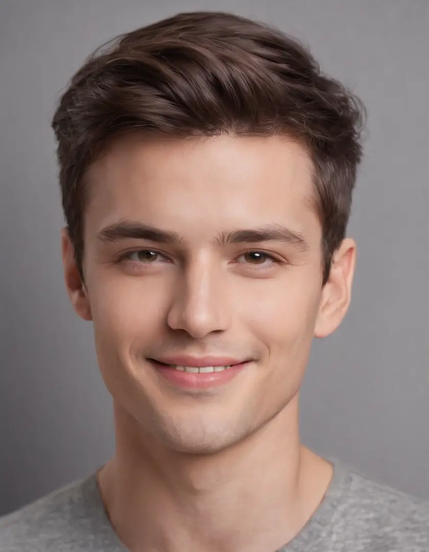 (photo: 1.3) af (photorealistic: 1.3), male avatar, soft light, facial focus, happy, cheerful, smiling, warm light, ((solid color background)), (( gray background)). ((gray wall background)), avatar, (long or short hair), smile, handsome, young,, short hai...