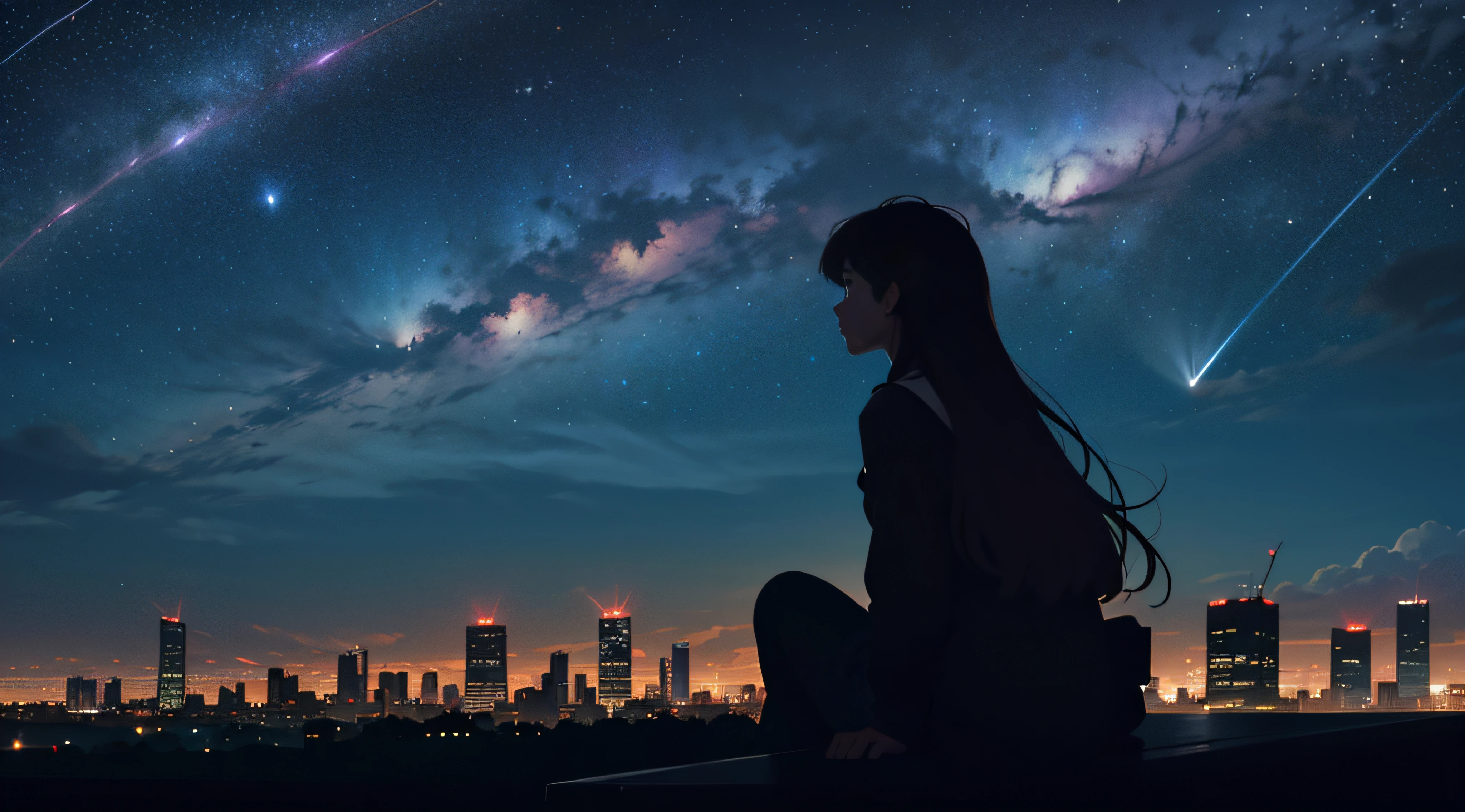 octans, sky, star (sky), scenery, starry sky, night, 1girl, night sky, solo, outdoors, building, cloud, milky way, sitting, tree, long hair, city, silhouette, cityscape,City from a distance, tokyo, city billboard, 1 milky way in the sky,