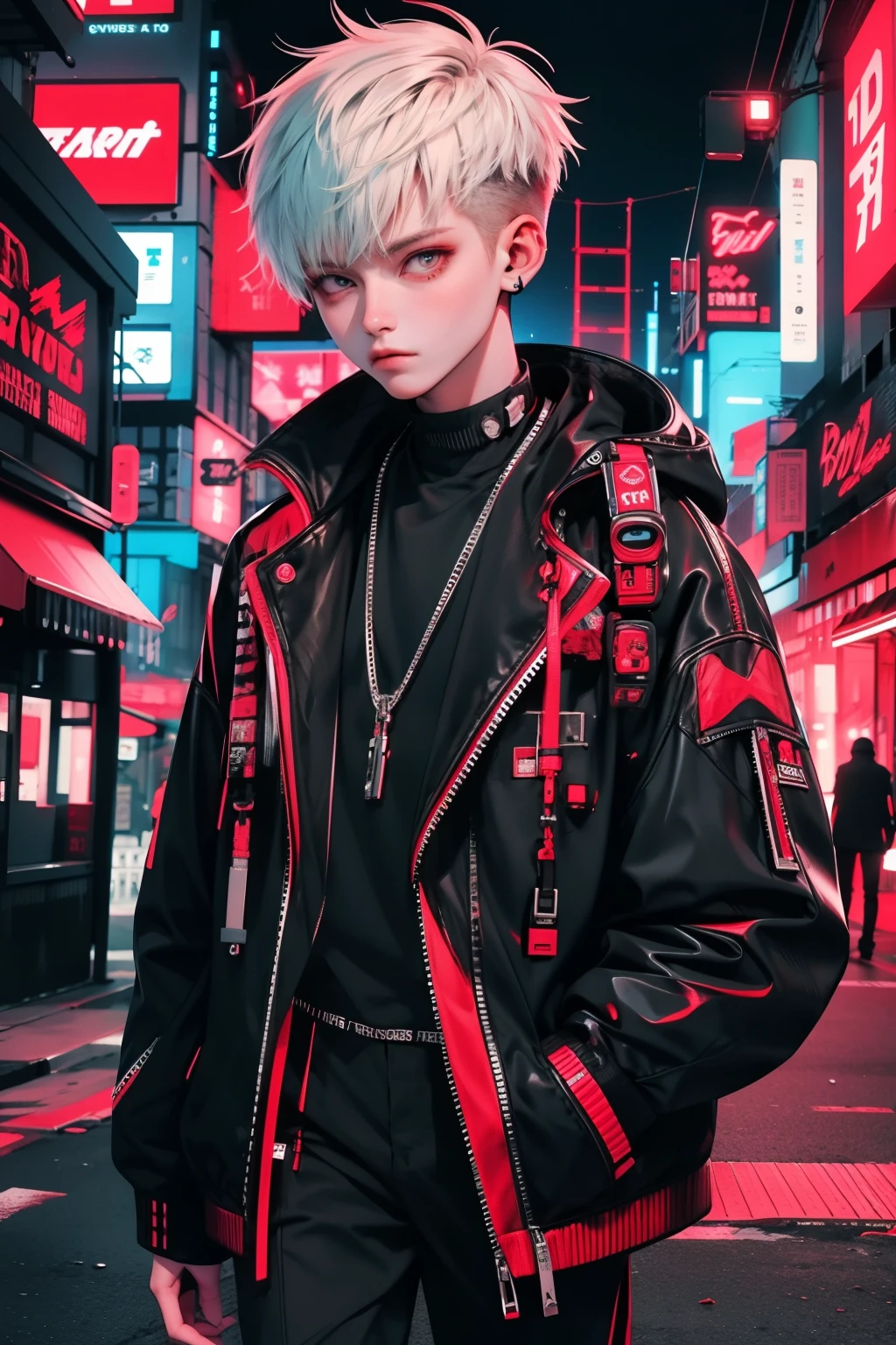 A man with blonde hair and a black jacket standing in the middle of a city  - SeaArt AI