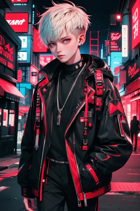 boy walking, half body shot, white red hair, cool black open short jacket, messy fade cut hair, crazy, on futuristic neon night ...