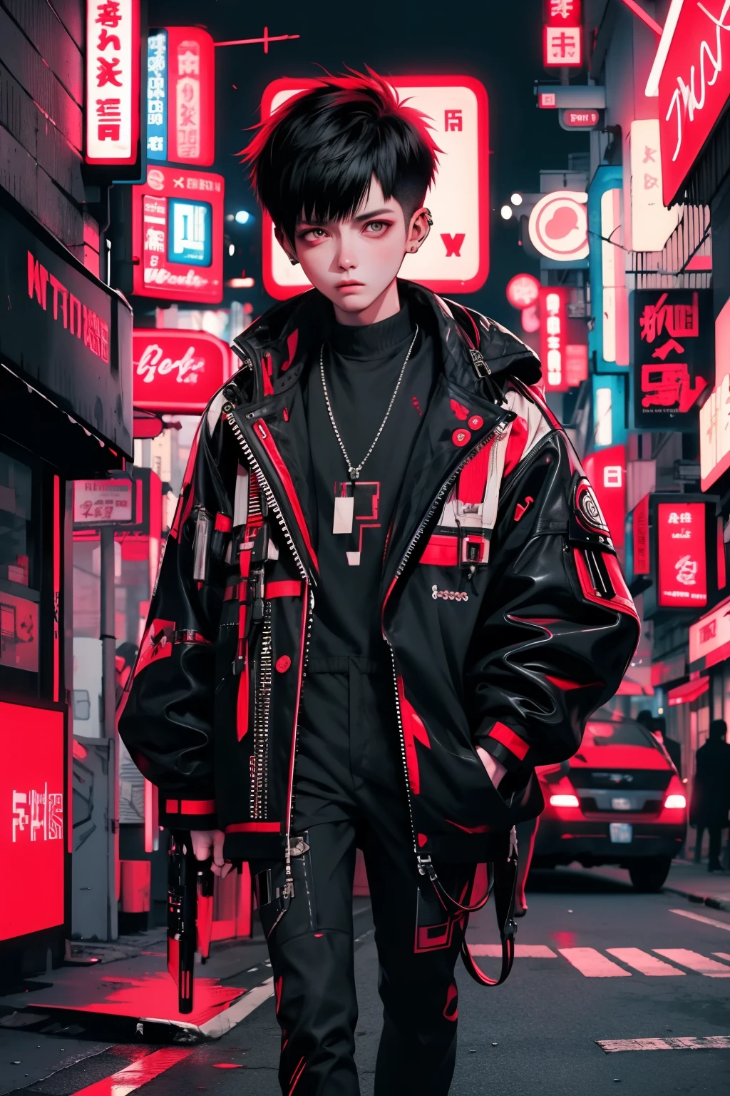 boy walking, half body shot, white red hair, cool black open short jacket, messy fade cut hair, crazy, on futuristic neon night street background, straight front center, photograpic shot