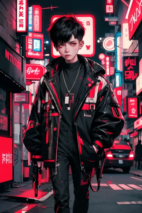 boy walking, half body shot, white red hair, cool black open short jacket, messy fade cut hair, crazy, on futuristic neon night ...