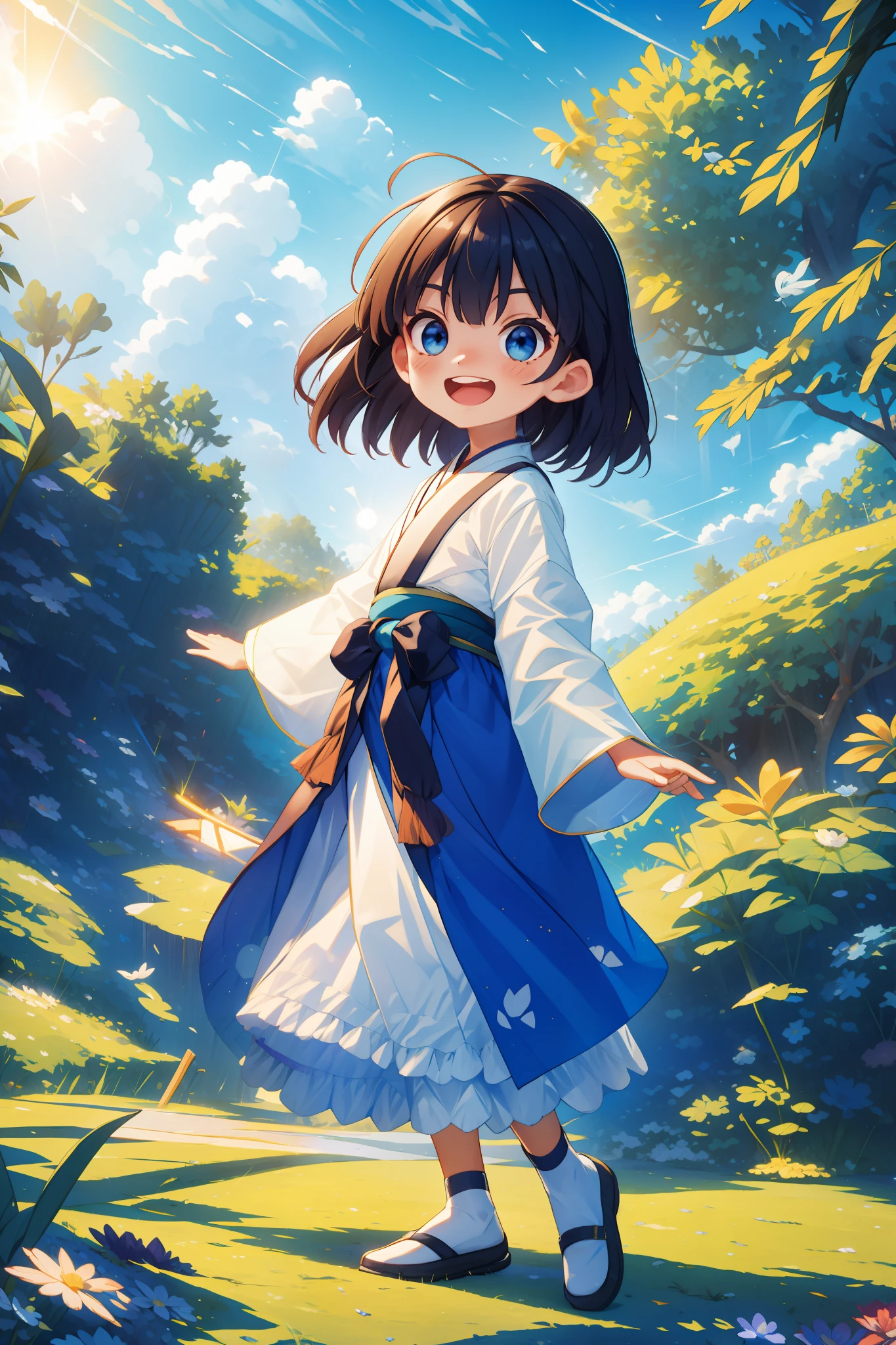 tmasterpiece， High quality, The best quality，1girll，Hanfu， By bangs， sea beach， Blue_sky， Bow knot，pane， The shirt， a skirt， Skysky， ssmile， rays of sunshine， The tree