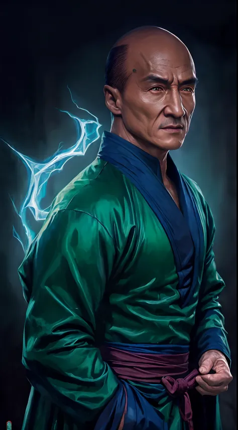 actor ((jackie chan)) as shang tsung, mortal kombat, ((old)), sinister-looking, ((bald spot)), ((goatee)), dark blue long robe, ...