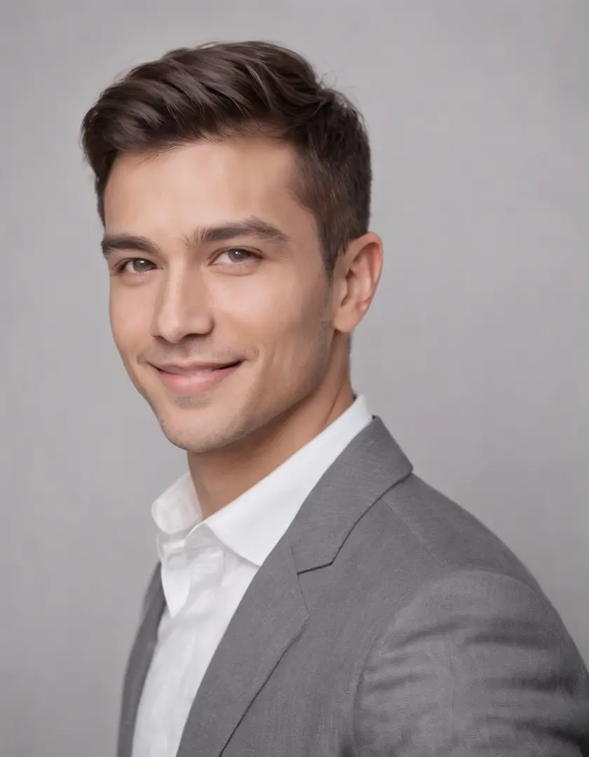 (photo: 1.3) af (photorealistic: 1.3), male avatar, soft light, facial focus, happy, cheerful, smile, warm light, ((gray white gradient background)), ((gray white background)). ((gray wall background)), avatar, (long or short hair), smile, handsome, young,...