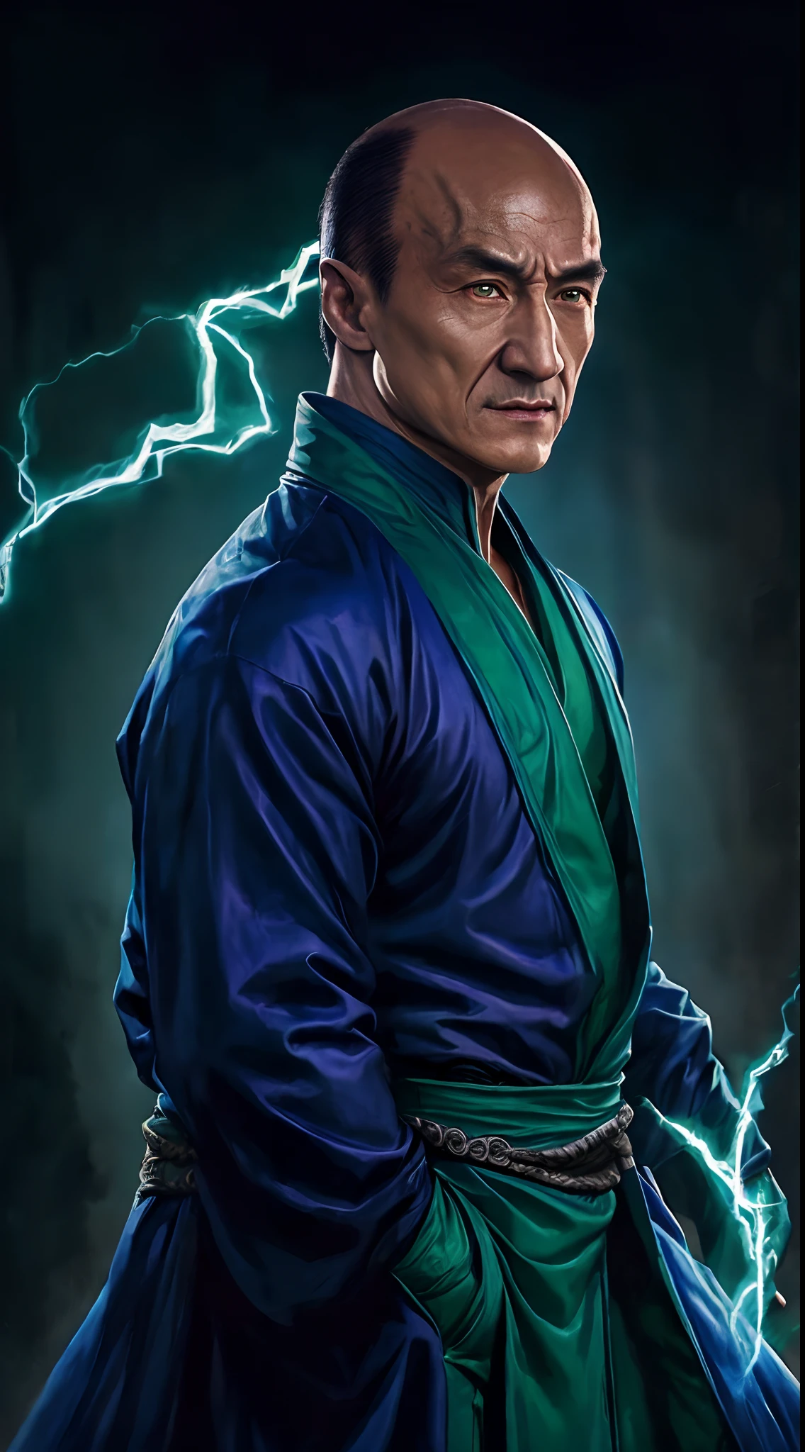 actor ((Jackie Chan)) as Shang Tsung, Mortal Kombat, ((old)), sinister-looking, ((bald spot)), ((goatee)), dark blue long robe, green transparent souls on background, intricate, high detail, sharp focus, dramatic, photorealistic painting art by greg rutkowski