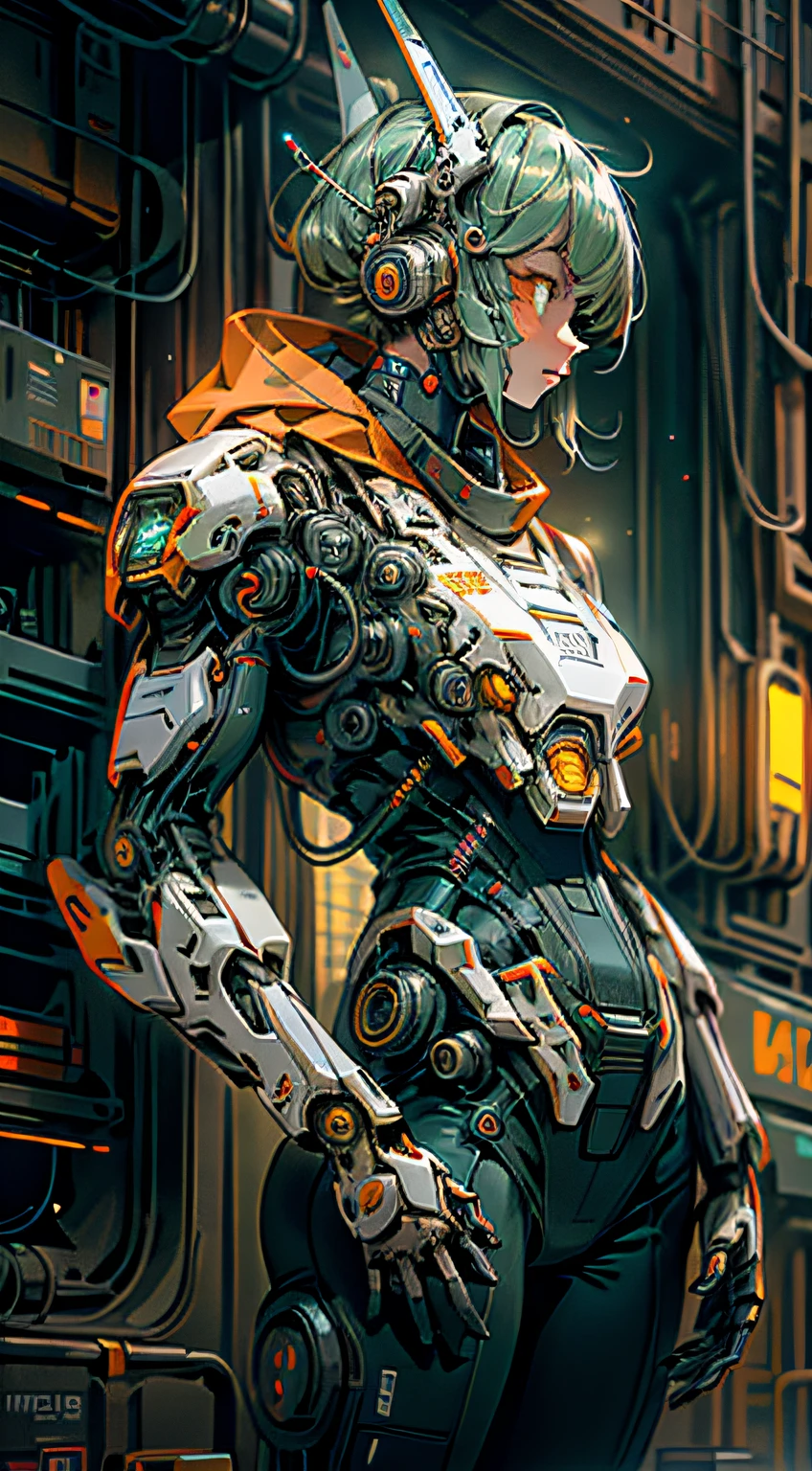 1 mechanical girl on Mars, solo person, full bodyesbian，Machine-made joints，sci-fy，Barren planet，废墟，holding_weapon，no_humans，with light glowing，droid，build，glowing_eyes，orange Mecha，science_fiction，城市，Realistis，mechs，Milky Way Galaxy background，neonlight，cyber punk perssonage，