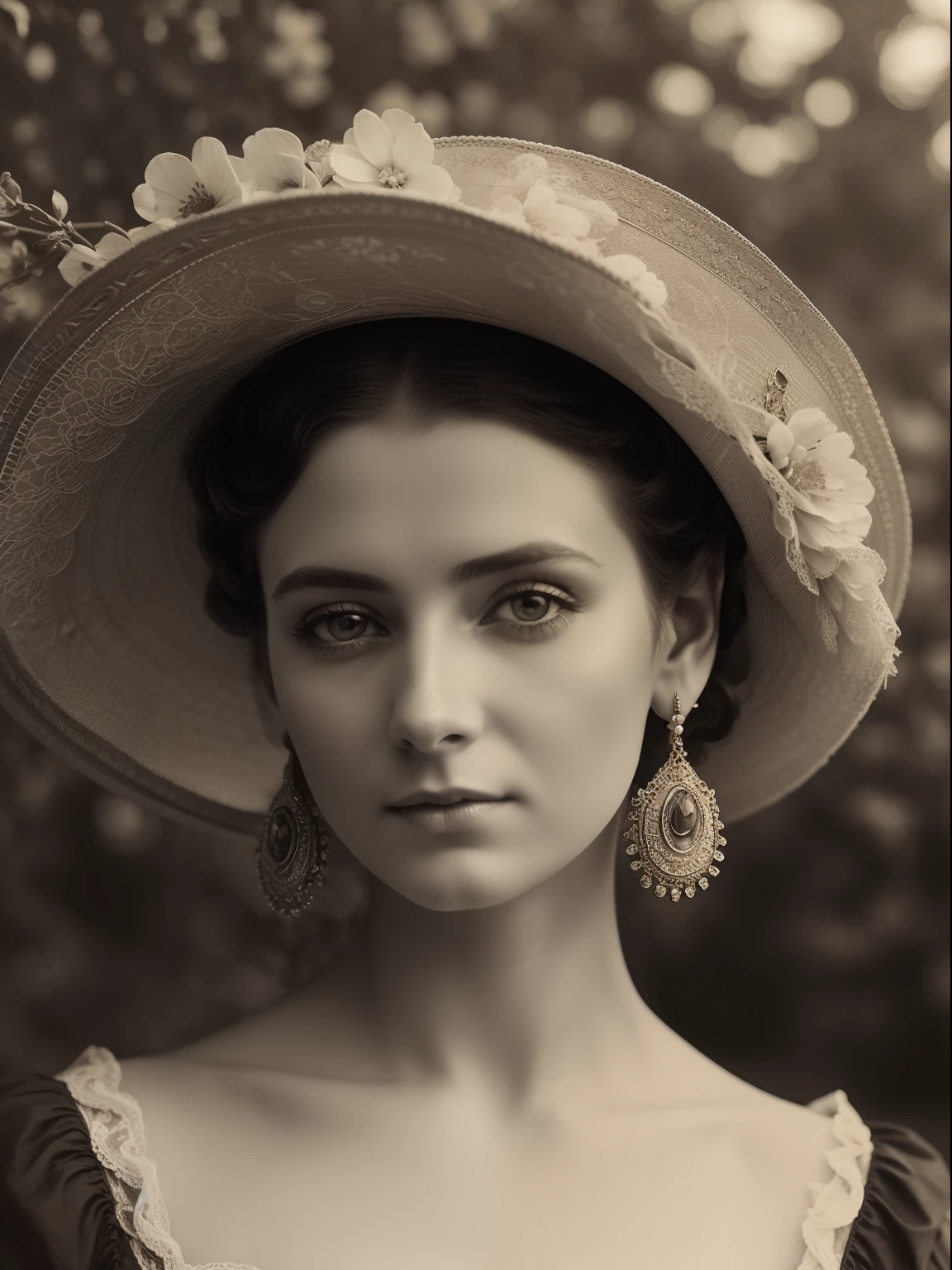 (Masterpiece) An insanely beautiful Victorian lady wearing a rich flowering over the top exaggerated hat, rich jewelry, big earrings, vintage sepia photography, outdoor photography, extremely inviting look, front look,  looking at the camera, very old and torned photo
