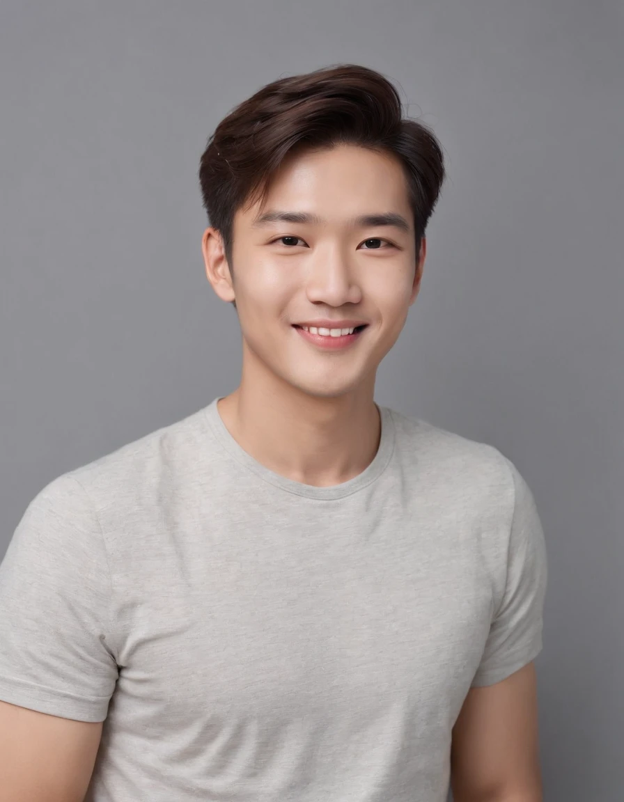 (photo: 1.3) af (realistic: 1.3), east asian man, soft light, clear face, happy, cheerful, smiling, warm light, ((gray-white gradient background)), (background)). ((gray wall background)) avatar, (long or short hair), smile, handsome, young,, short hair, smile, ((close-up))