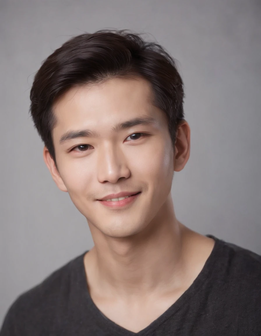 (photo: 1.3) af (realistic: 1.3), east asian man, soft light, clear face, happy, cheerful, smiling, warm light, ((gray-white gradient background)), (background)). ((gray wall background)) avatar, (long or short hair), smile, handsome, young,, short hair, smile, ((close-up))