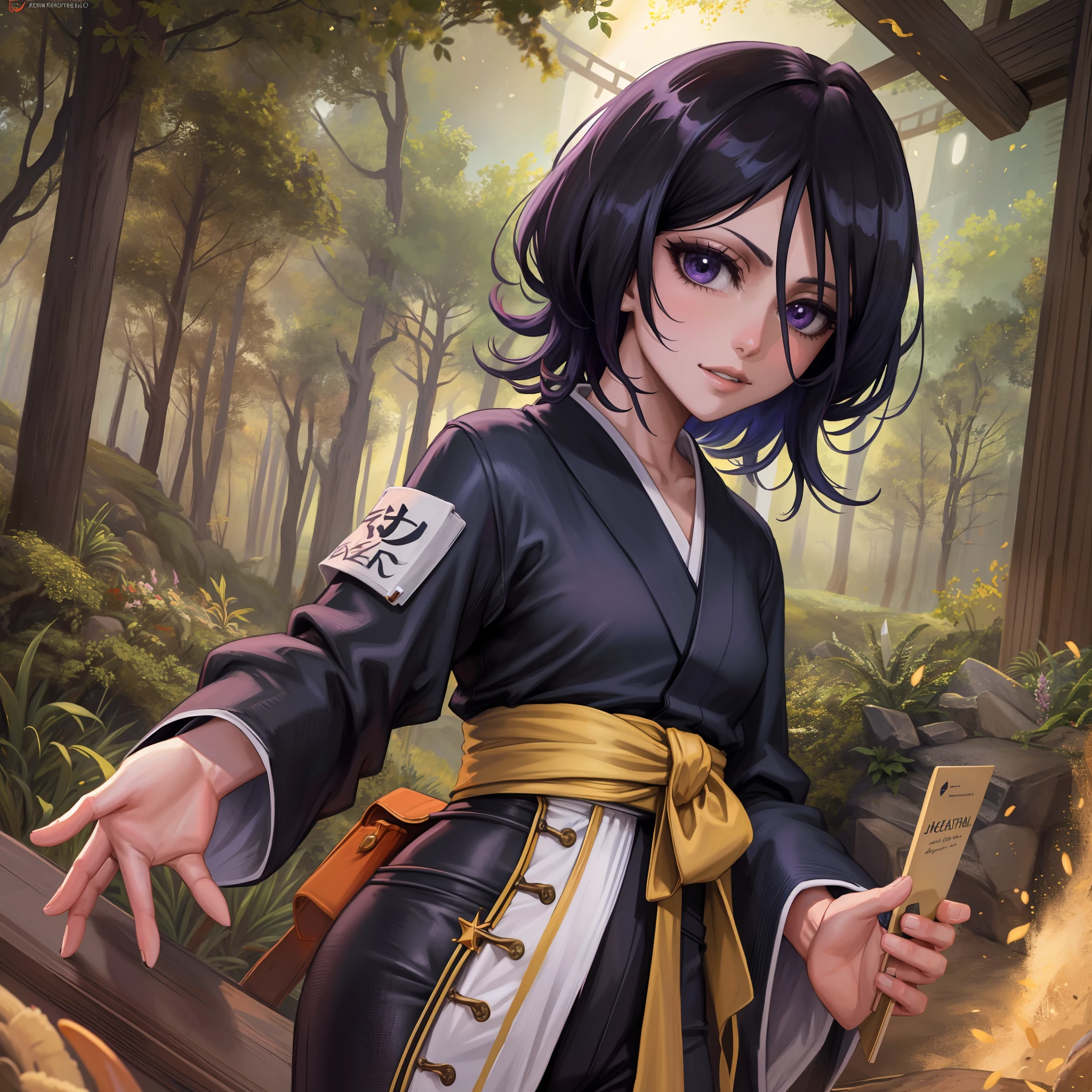 anime screen, night sky, officer, forest, Path, 1girl, only, short hair, black hair, purple eyes, japanese clothes, looking at the viewer, black kimono, hair between the eyes, cowboy shot, wide sleeves, hakama pants, White_sash, derriere, Closed mouth, SMILE, walk, Look around, Wide hips, Big
