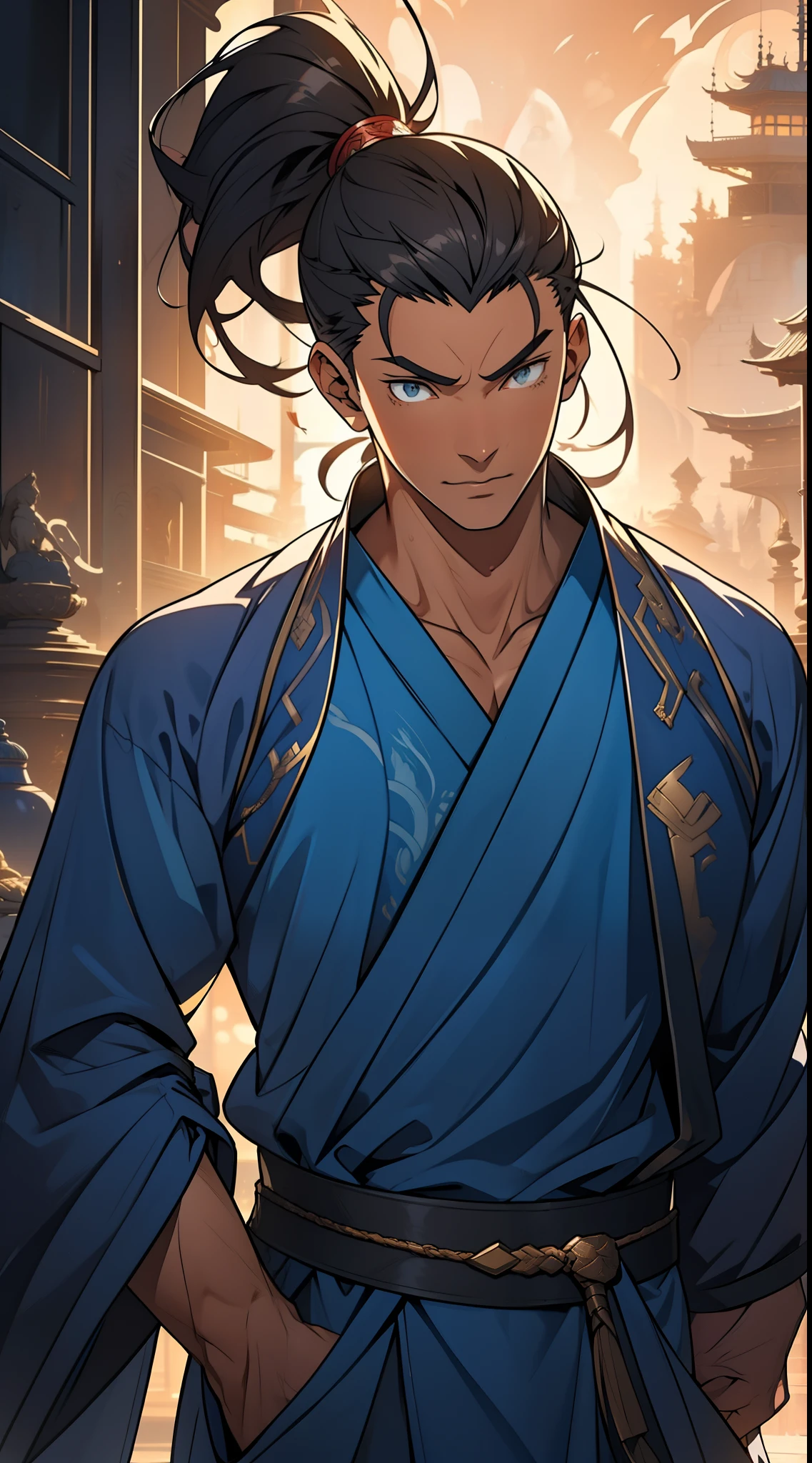 quadratic element，style of anime，mtu（Male Warrior），The proportions are correct，Face details，swordsmen，High ponytail hairstyle，Neck details，There is an Adam's apple，Blue suit，kaftan，long blue robes，clothes details，Handing over，longer sleeves，Game quality，Swordsmanship，Light and shadow tracking，Ray traching，detailed glow，cg render，hair detail，Black long hair，blue colored eyes，Handsome，Handsome，（juvenile sense），Clothing is complicated，Perfectcomposition，Refinement，high qulity，higher details，Lots of details，The background is complex，a sense of atmosphere，