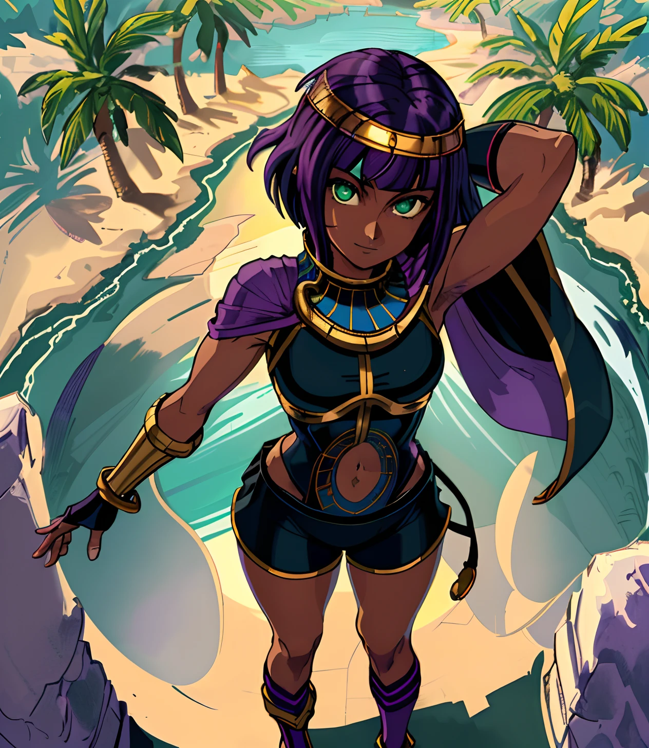 [Menat], ((Masterpiece)), ((High quality art)), ((High definition)), ((solo portrait)), ((bird's-eye view)), ((feet visible)), ((anime)), ((beautiful render art)), ((detailed shading)), ((intricate details)), {(Beautiful woman), (dark skin), (cute green eyes), short purple hair, cute smile, (beautiful feet), (slightly muscular legs)}, {(black bodysuit), (shorts), (navel cutout), (purple shawl), (black fingerless gloves), (black knee high socks), (toeless socks), (gold headband), (gold bracers), (gold anklets)}, {(standing), (pigeon-toed)}, [Background; (desert oasis), (beautiful water), (palms trees), (blue sky), (sun rays)}