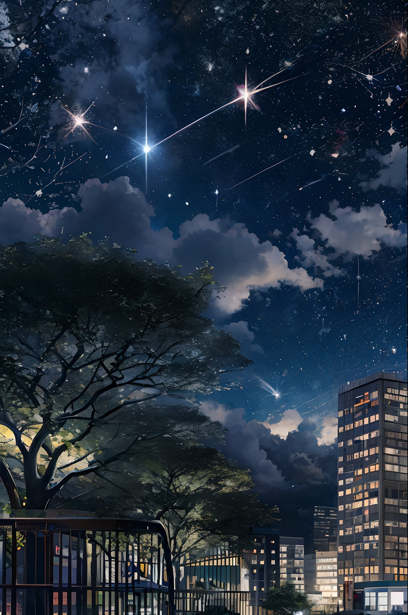 Skysky，As estrelas（Skysky），scenecy，starrysky，the night，nigh sky，solo，exteriors，buliding，​​clouds，galactic，The tree，City，silhouettes，view over city