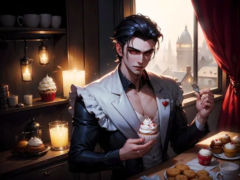(((Masterpiece))), top quality, handsome male Vampire baking cupcakes, super detailed, highly detailed textures, ((Solo)), volum...