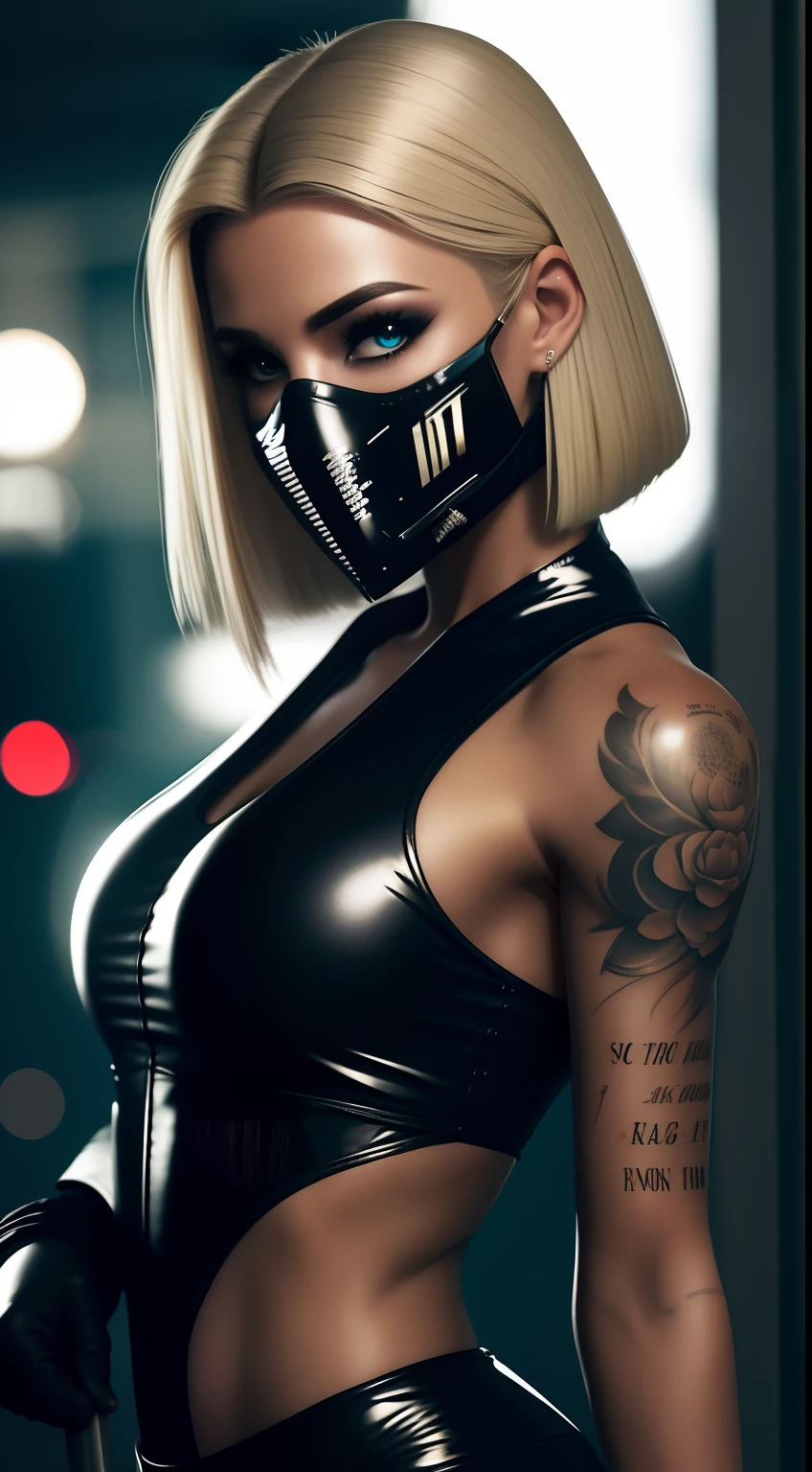 Nahaufnahme, eine wunderschöne französische elegante Mode, blonde, WMASKE, zerfetzte Kleidung, wildes langes Haar, Latexkleidung, Dekollete, Actionfilmszene, Dystopisches Abendessen Cinematic Blade Runner, Nacht, beschäftigt mit Leuchtreklamen, Blade Runner Ästhetik, mit Menschen überfüllt, Filmkinematographie, Trash-Gang, attraktive Person, große Liebe zum Detail, Tragen von wettertechnischer Ausrüstung, Trash-Gang, Tätowierungen, Nachtleben, voller Leben, Trash-Gang, Actionfilm gedreht von Kon Satoshi, Semi-Pasto-Stil, dunkle Farbe, atmosphärisch, hell, Beleuchtung dramatisch, Wunderschöne Augen, symmetrische Augen, perfekte Augen