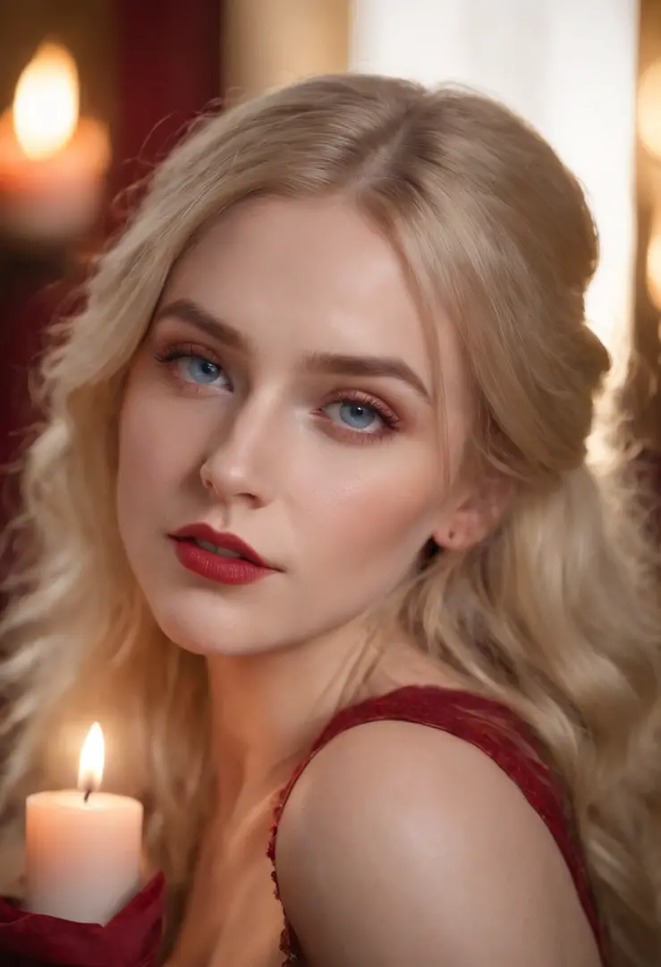 (((a deep red wound crosses her left cheek))) light complexion, woman of about 19, natural blonde hair, distinctive blue eyes, dressed in kohl, slender and graceful, beautiful, by candlelight in a medieval setting, ultra sharp focus, realistic shot, mediev...