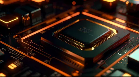Orange tone,computer chip,product closeups,photography closeups,cinematic rendering,C4D,blender,3D,ultra-high definition texture details,resistors,Special Effects,(Luminous line converging towards the middle:1.2),Container_building