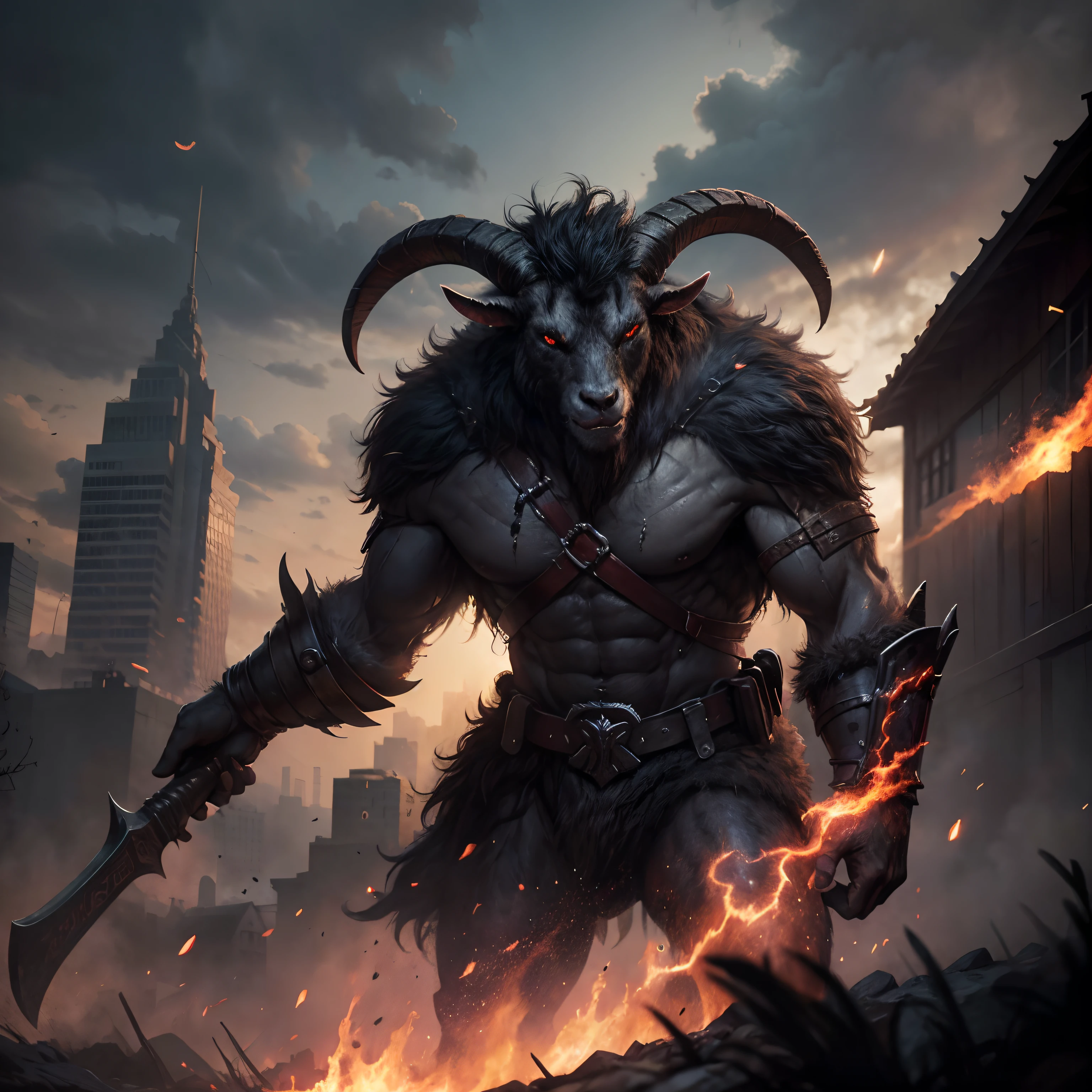 Goat-faced demon ，Wear military uniforms，Pick up the axe，red - eyed，unholy，Fierce，rampage ，Stand at the highest part of the city，Observe the city，Epic dark fantasy digital art，tmasterpiece，high qulity，8K，UHD resolution，Detailed detail drawing，realisticlying，Very realistic，Cinematic light,an award winning photograph, author：Lee Jeffries Nikon D850 Film Stock Photo 4 Kodaport 400 Camera F1.6 lens rich colors hyper realistic lifelike texture dramatic lighting unrealengine trending on artstation cinestill 800,