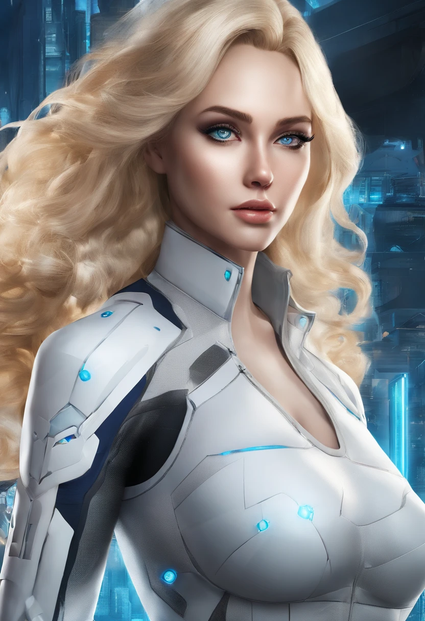 woman, Realistic character，coiffed blonde hair, White silk dress，Show the chest，Blue eyes, anime big breast, Alone, modern, cyber punk perssonage，fully body photo