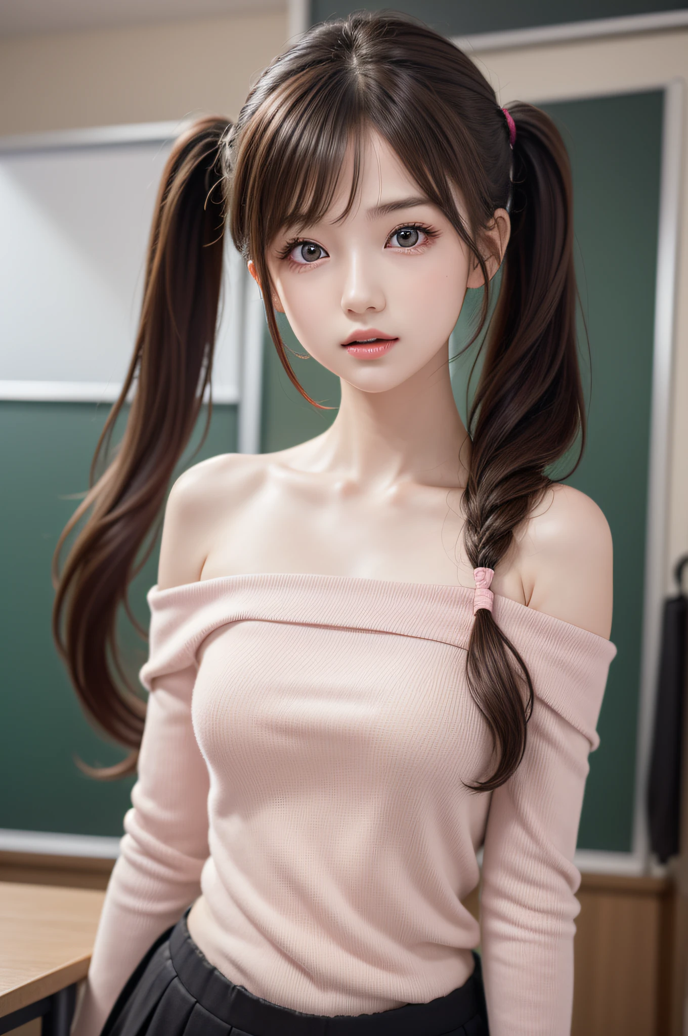 ((1girl in)), ((Best Quality)), (Ultra-detailed), (extremely detailed CG unified 8k wallpaper), Highly detailed, High-definition raw color photos, Professional Photography, (Twintails), Brown hair, Amazing face and eyes, Pink eyes, (amazingly beautiful girl), School, classroom, off shoulder,