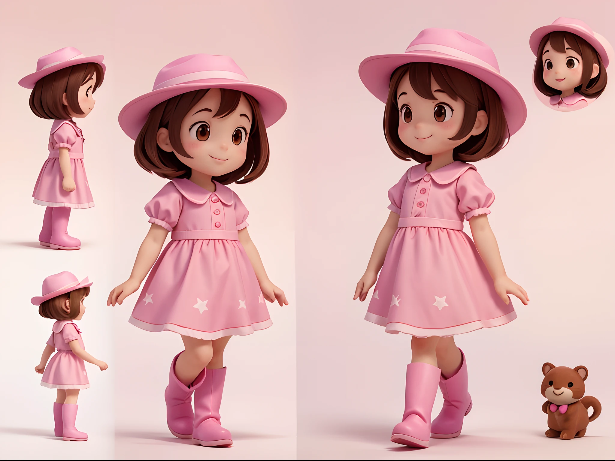 Profile picture of a  walking, character animation frames, identical character design in each frame, the girl is alone, happy, brown hair, brown eyes, rosy cheeks, pink cowboy outfit, pink hat, pink boots, vertical image, white background.