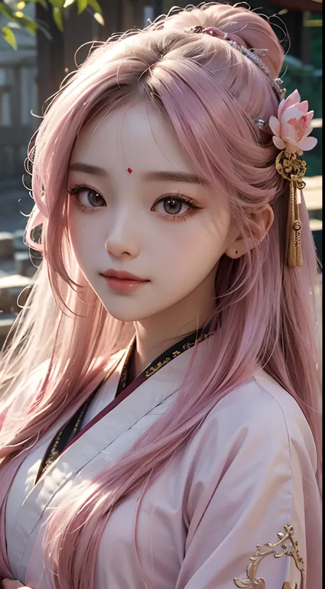 a pregirl，long whitr hair，Wearing ancient Chinese style pink Hanfu，Lotus hairpin，ssmile，Every detail of the face and costume is presented in extreme close-ups，The level of detail is extraordinary，