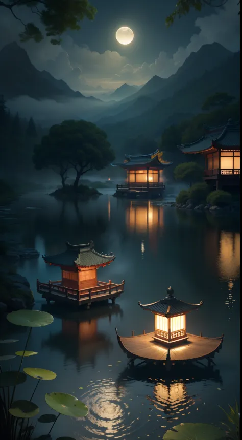 master part, best quality, Estilo de artes marciais chinesas, Asian night view with lanterns and water lilies, Night view of the Asian lagoon with many lanterns and boats with many lights and boats on the water, lago, lotuses, bela vista noturna, (((Estilo...