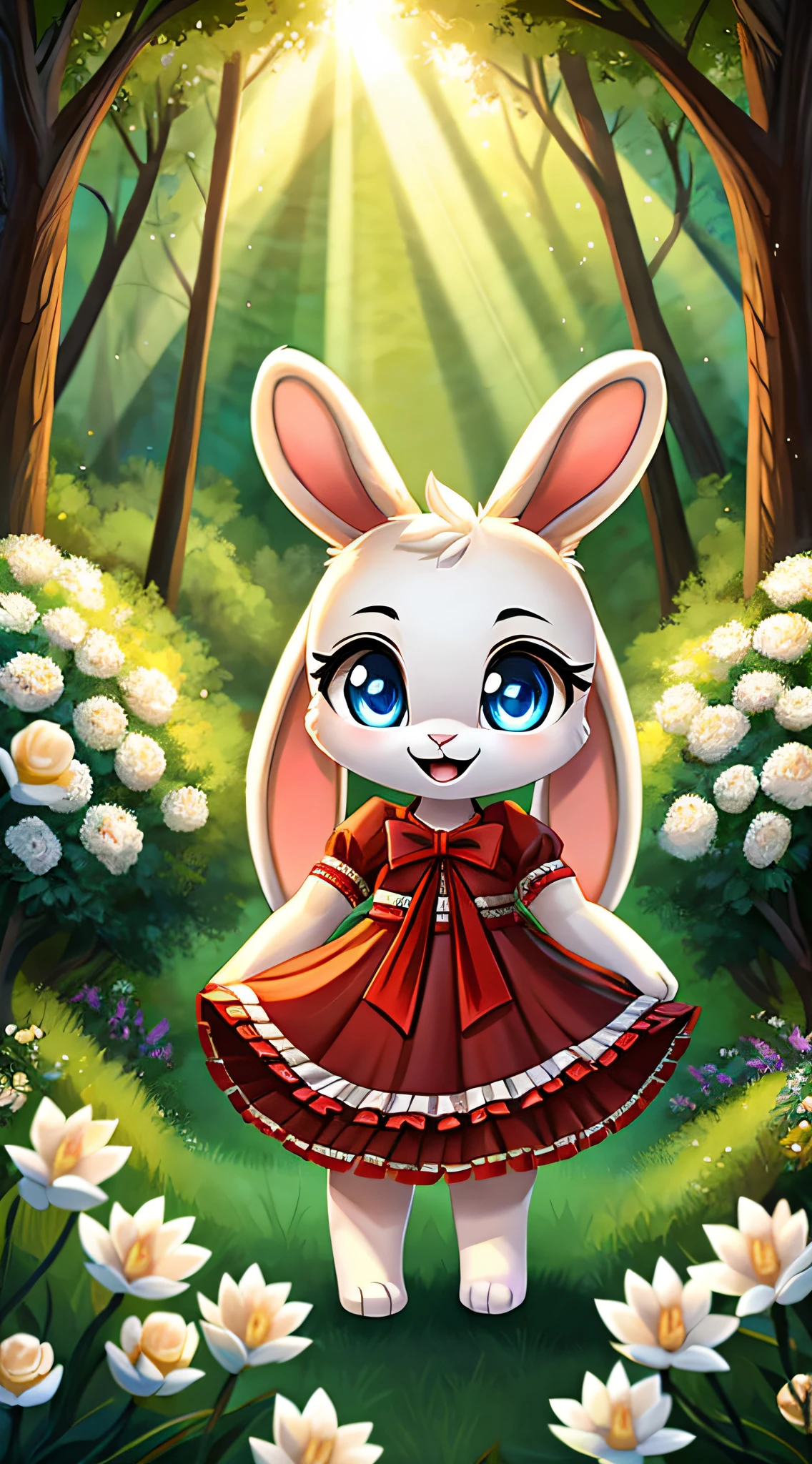 zoomed out image, fantasy style art, cute, adorable, short character, small, tiny little fluffy female white bunny with blue eyes, 4 ears, 2 extra ears, big floppy ears, long ears, ears perked up, raised ears, long eyelashes, poofy rabbit tail, wearing a red frilly ribbon dress, smiling, standing in a forest, big expressive smile, open mouth, wide eyes, excited eyes, excited face, stunning visuals, sunlight coming through the trees, white flowers scattered in the bushes, digital illustration