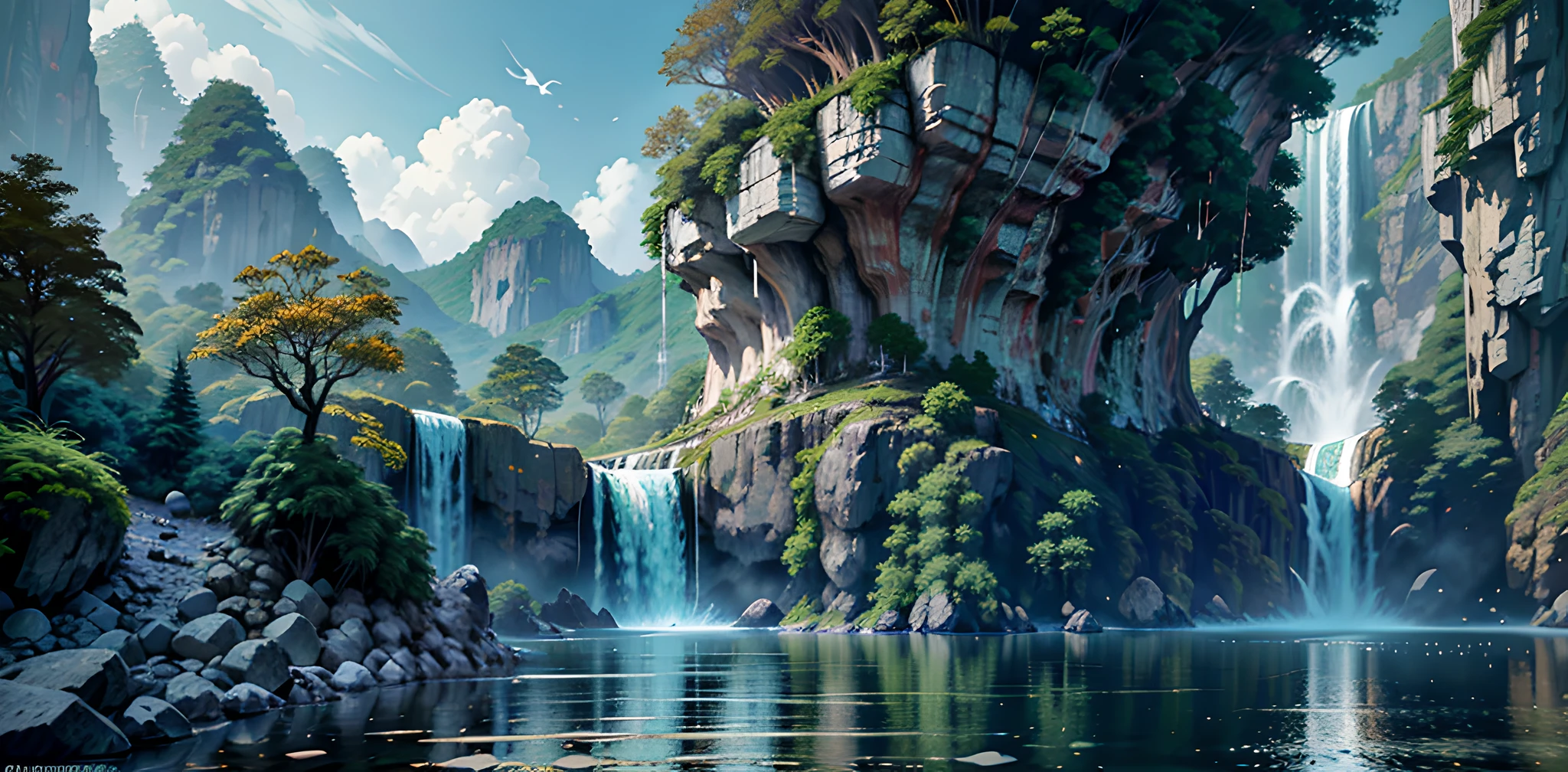 (moss rock), (((Ban Gioc waterfall))) , limestone mountain, high quality, masterpiece, best quality, raw, 4k, (realistic), (masterpiece) (best quality) (detailed) (8k) (cinematic lighting) (sharp focus) (intricate), (Highly detailed, amazing fantasy setting), (Shiny Impressive lighting), (Colorful, Ultra stylized, High quality, Highly detailed, Sharp, 8K UHD), (trending on artstation), ((surrealism)), ((style Ted Chin)), (by Ted Chin artist), no human