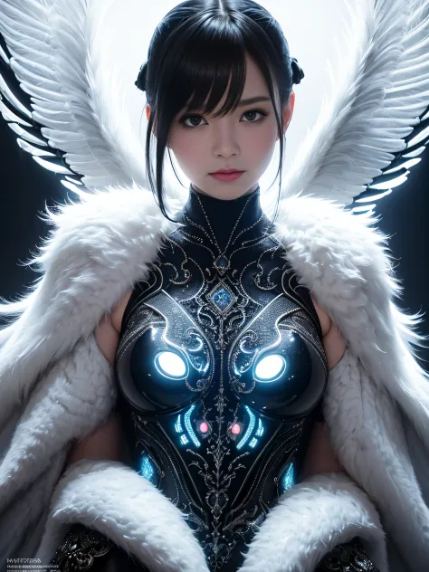 an ultra-detailed hyper-realistic photograph woman Angry smiling fashion futuristic magic with feathers bioluminescent filigree ...