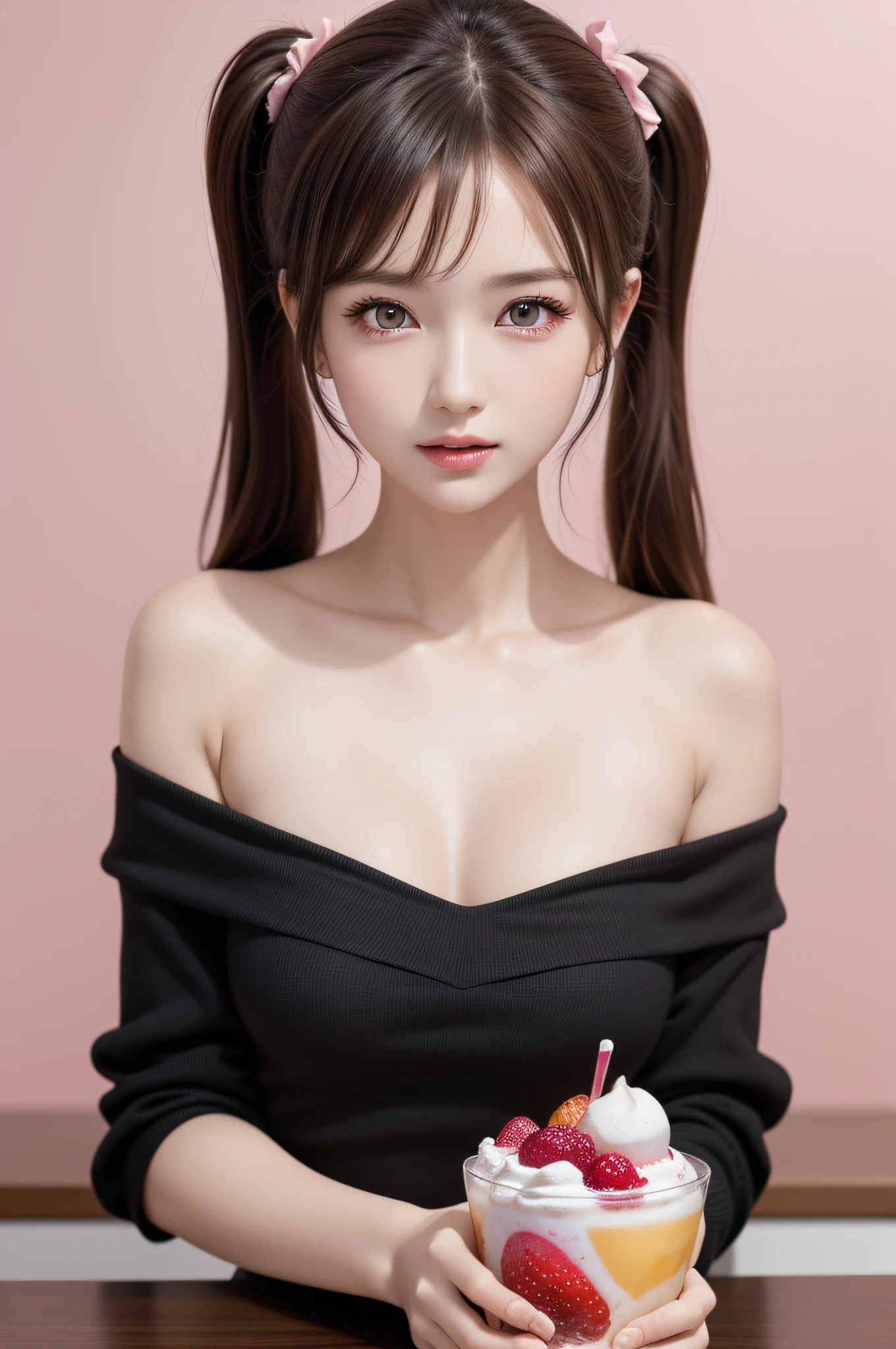 ((1girl in)), ((Best Quality)), (Ultra-detailed), (extremely detailed CG unified 8k wallpaper), Highly detailed, High-definition raw color photos, Professional Photography, (Twintails), Brown hair, Amazing face and eyes, Pink eyes, (amazingly beautiful girl), off shoulder, pink background, ((stylish cafe)), ((fruit parfait)),