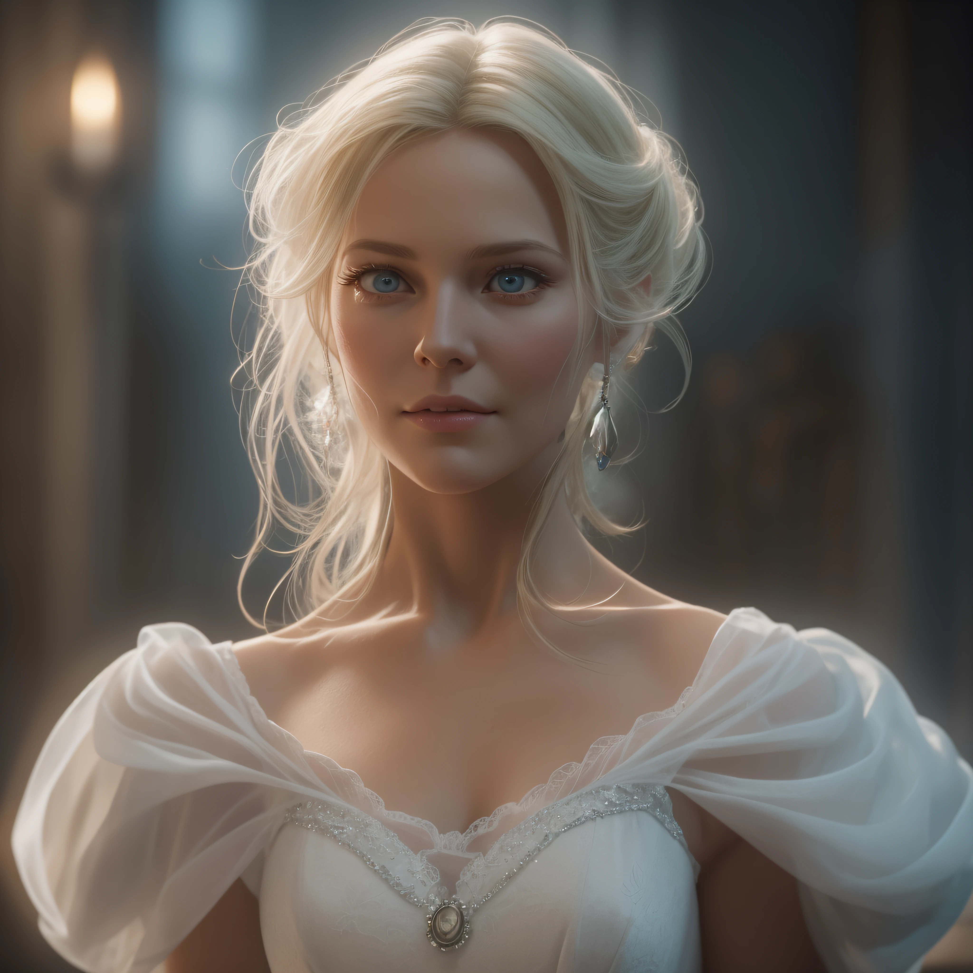 50yr old Gorgeous blonde witch-girl is turned into Cinderella white dress, against her will, photo-realistic, octane render, unreal engine, ultra-realistic