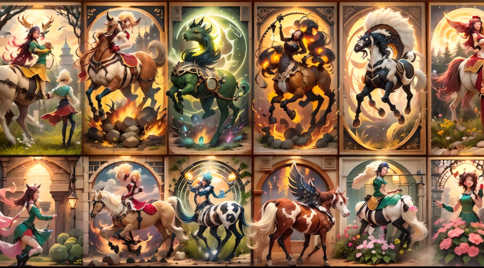 In the beautiful illustration of this super-grand scene，The ultra-distant lens shows us（Over eight separate and distinctive centaur characters：9.9），They all have their own characteristics，Vivid and interesting。Radiant from the heavens（Angelic centaurs：6.6），To nightmarish is（Centaurs surrounded by flames：6.6）、And then to the wind dancing in the air（Fairy centaurs：6.6）、And thunder and lightning surrounding（One-horned centaur：6.6），and shining metallic ones（Mechanical style centaur：6.6）、And then（A centaur with colorful dragon scales covering the whole body：6.6）The power is powerful、Elegant and agile（Elf centaur's slenderness：6.6）Gracefully wears a flower crown、Enchanting and charming（Tiflin centaurs：6.6）、Have the indescribable（Raised sexy：6.6）'s（Succubus centaurs：6.6）。Each character has their own unique charms and abilities。The illustration uses advanced artistic techniques and tools，（Use nesting、woven、stitching、ssee-through、arrange、grouping、Storyboards and other methods，Divide the scene into sections by geometric arrangement：9.9），Each section corresponds to a centaur character，This makes more efficient use of space。Through Midjourney's advanced brush tools、Color palette、Material packs and model packs、Texture tools，For each centaur, beautiful props are designed to increase racial characteristics、Clothing and physical features，（Enhances the character's personality and visual appeal：2.5），The scenery in the illustrations is stunning，There are changing skies、rainbowing、extreme light、Stars and Moon。Incorporating iconic landmarks such as Mount Everest，and fireworks、tranquil lake、Natural and urban elements of waves and neon lights，Creates a magical atmosphere，The centaurs display their unique abilities and equipment in a variety of environments，This is true even in extreme alien landscapes。（Use Midjourney's toolaterial packs、Texture tools、The color palette makes depicting details vivid and realistic：9.9），From complex hairstyles and as well as different racial traits、Body、Ap