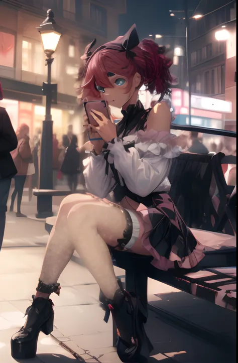 jirai fashion, 1girl,full body, She looks nervous. She is sitting on a bench and meeting. She is meeting under the clock in the city at night. ((She has a smartphone on her hand)). bare shoulders, long sleeve, frilly black blouse, ((((pink frill skirt)))),...